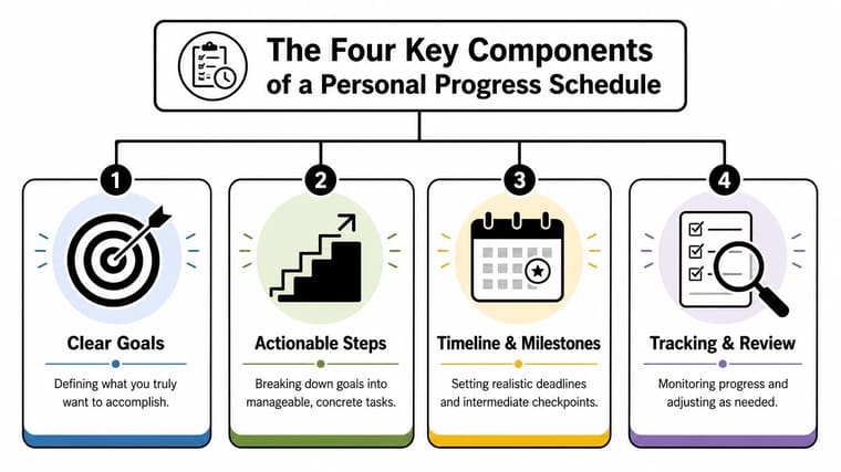 A diagram illustrating the four key components of a personal progress schedule including goals, steps, timelines, and review.