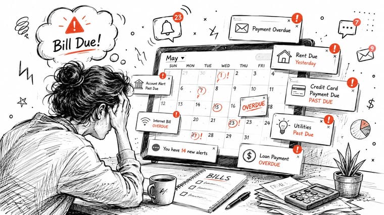 Stressed person sitting at a desk overwhelmed by multiple past due bill reminders and notification icons.
