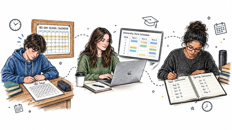 Three students studying with different calendars and academic schedules, highlighting the structure of a school year.