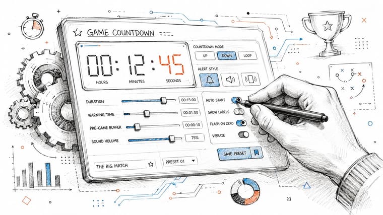 A hand using a stylus to adjust digital game countdown timer settings on a tablet screen.
