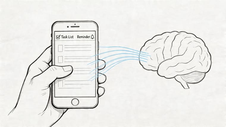 A hand holding a smartphone with a task list app connected to a human brain illustration.