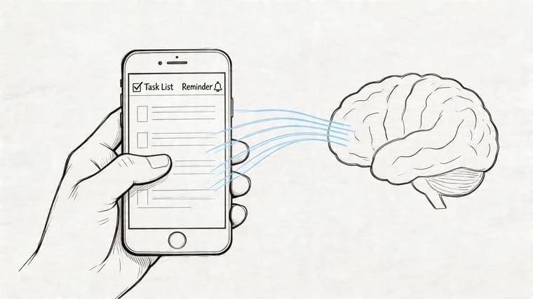 A hand holding a smartphone with a task list app connected to a human brain illustration.