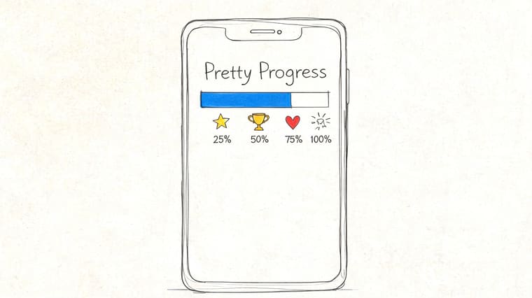 A hand-drawn illustration of a smartphone screen displaying a goal progress bar labeled Pretty Progress.