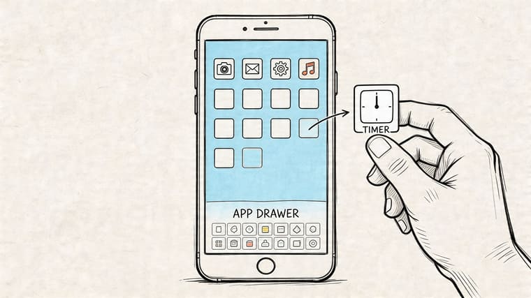 A hand dragging a timer application widget from the app drawer onto a mobile home screen.
