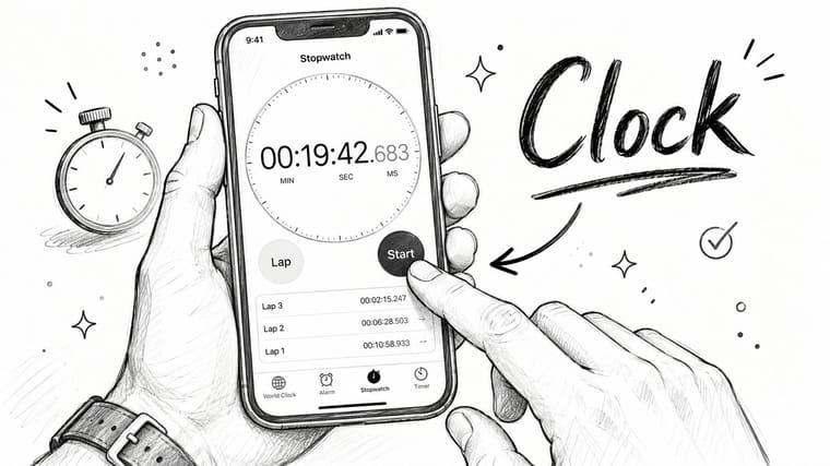 A hand touches a smartphone screen displaying a stopwatch timer with lap times in a sketch style.