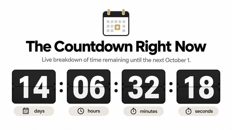 A digital countdown clock showing 14 days, 6 hours, 32 minutes, and 18 seconds until October 1st.