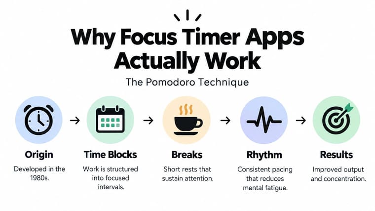 An infographic explaining the Pomodoro technique and why focus timer apps are effective for productivity.