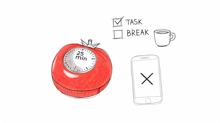 A hand-drawn illustration showing a tomato timer set for 25 minutes alongside a task list and phone.