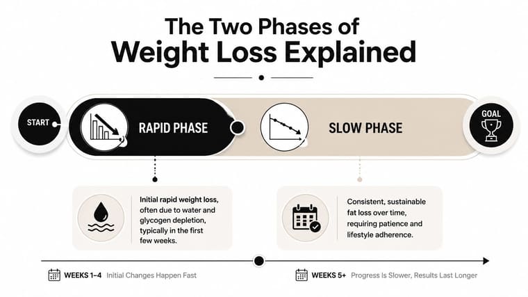 An infographic showing the two stages of weight loss: the initial rapid phase and the subsequent slow phase.