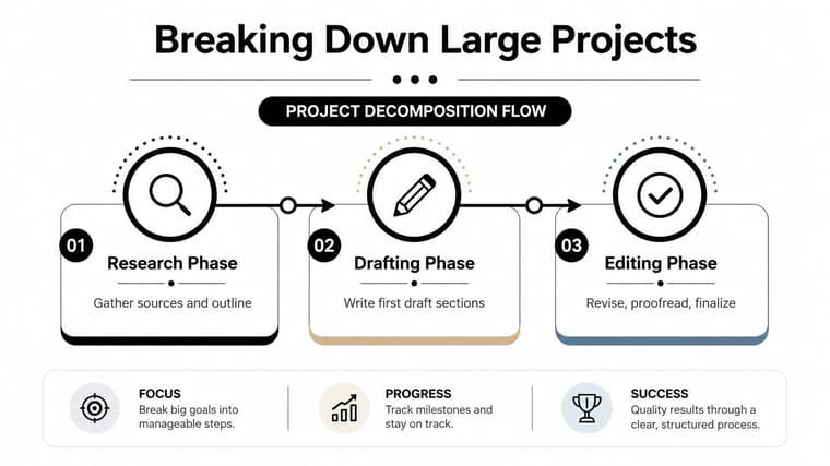 A diagram illustrating a project decomposition flow with three phases: research, drafting, and editing steps.