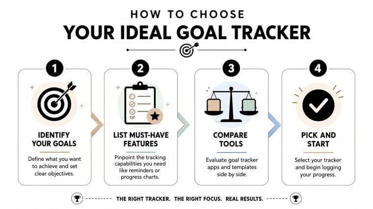 A hand-drawn infographic showing the four-step process for choosing the right goal tracker.