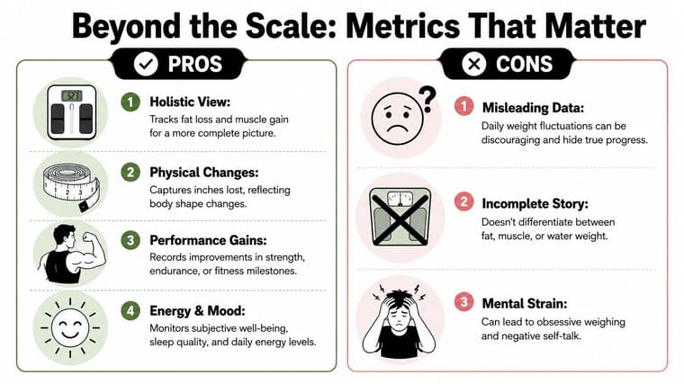 An infographic comparing the pros and cons of using scales versus other metrics for tracking health progress.
