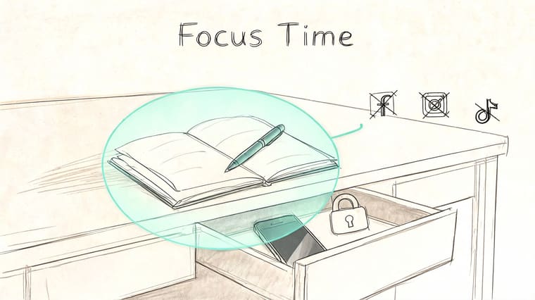 A conceptual sketch illustrating focus time with a notebook, pen, locked drawer for a phone, and social media icons.
