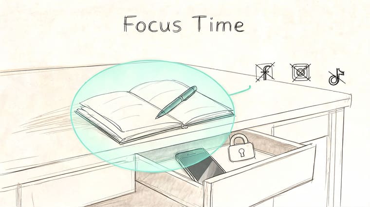 A conceptual sketch illustrating focus time with a notebook, pen, locked drawer for a phone, and social media icons.