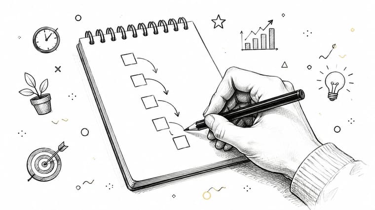 A hand drawing a step-by-step checklist in a spiral notebook surrounded by icons of goals and productivity.