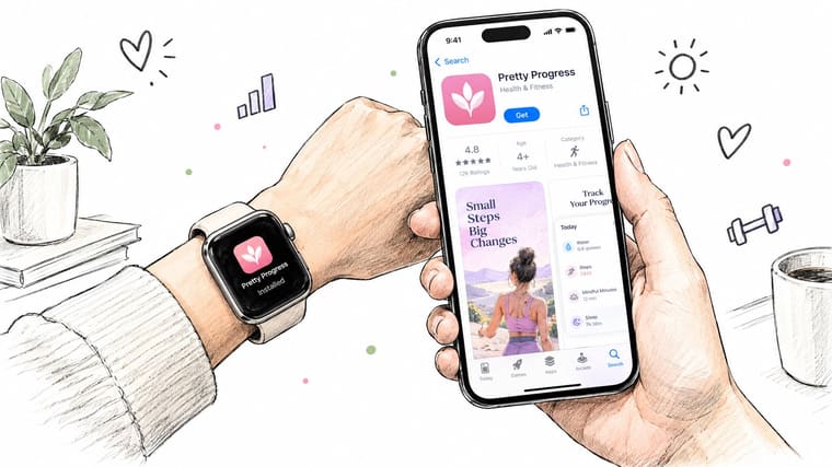 A hand wearing an Apple Watch showing the Pretty Progress app alongside an iPhone app store page.