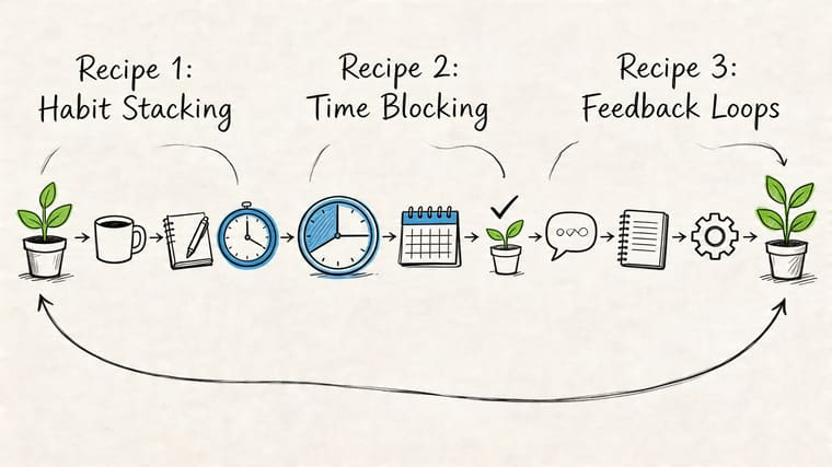 A hand-drawn process diagram illustrating productivity recipes including habit stacking, time blocking, and feedback loops for growth.