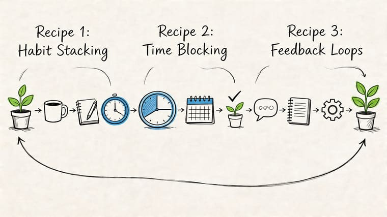 A hand-drawn process diagram illustrating productivity recipes including habit stacking, time blocking, and feedback loops for growth.