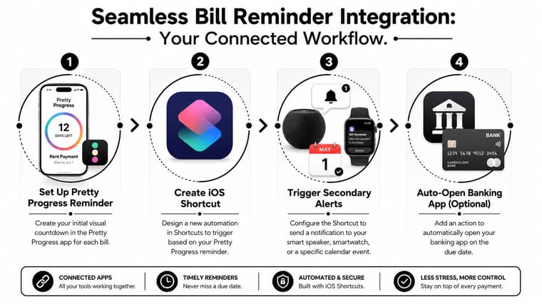 A four-step infographic explaining how to integrate bill reminders using the Pretty Progress app and iOS Shortcuts.