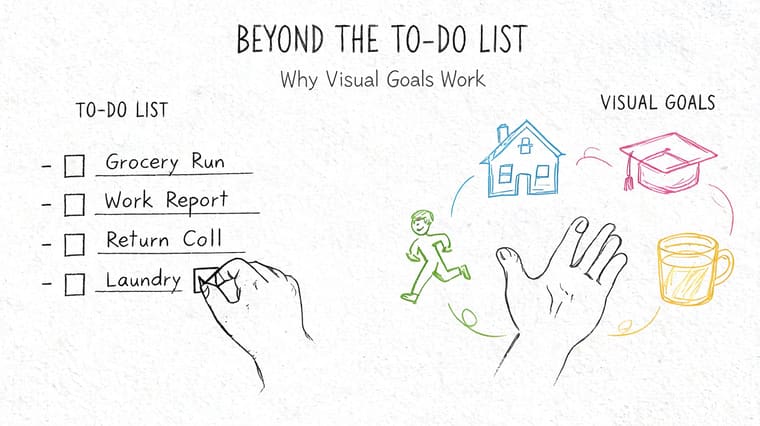 A hand checking off a to-do list versus colorful sketches representing visual life goals.