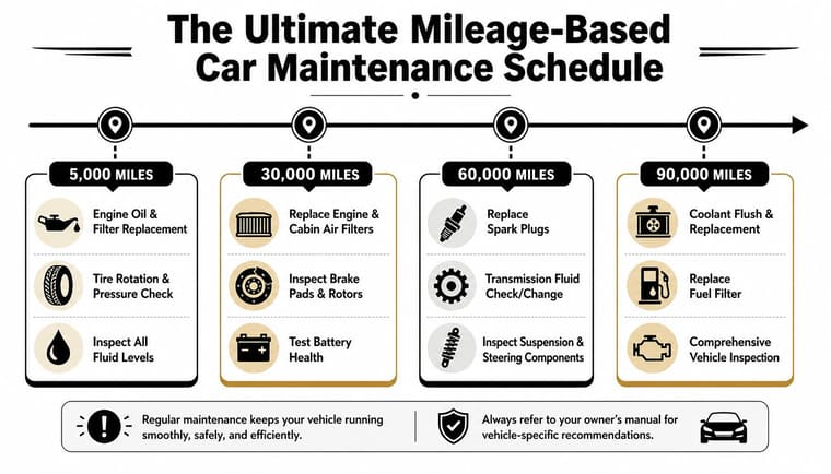 A car maintenance schedule infographic detailing recommended services at 5,000, 30,000, 60,000, and 90,000 miles.