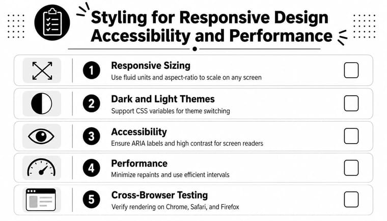 A checklist infographic outlining five key principles for website development including responsive design, themes, accessibility, and performance.