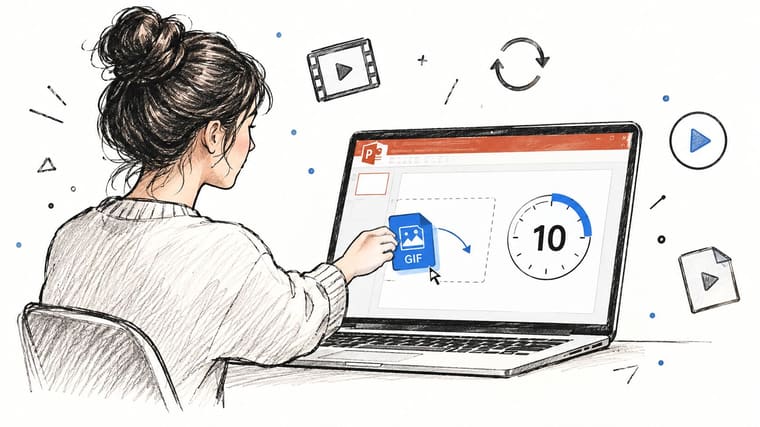 A woman sketching on a laptop screen showing a GIF being inserted into a PowerPoint presentation slide.