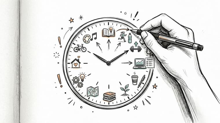 A hand drawing a clock face with various activity icons representing daily productivity and goal setting.