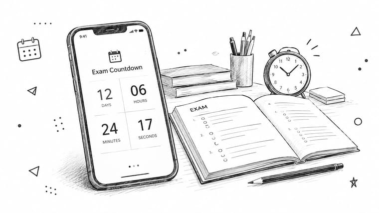 A smartphone displaying an exam countdown timer next to an open notebook, alarm clock, and study supplies.