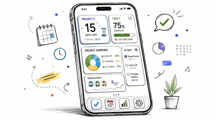 A hand-drawn style smartphone screen displaying a project deadline tracker with task, activity, and calendar widgets.