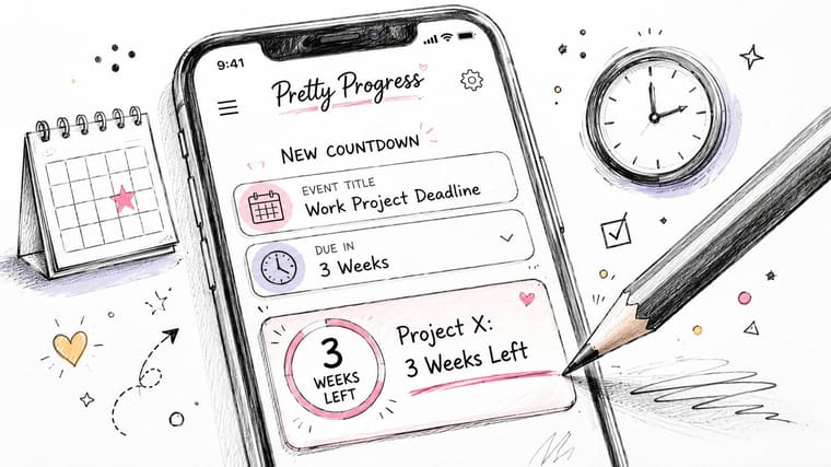 A sketched illustration of a mobile app interface titled Pretty Progress tracking a work project deadline.
