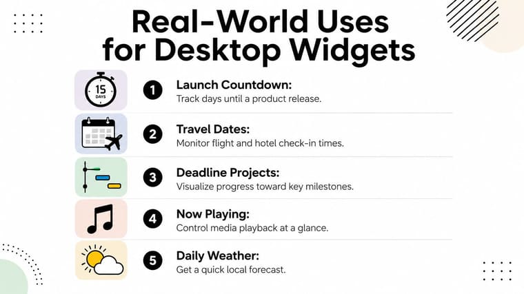 An infographic listing five real-world use cases for desktop widgets including countdowns, travel dates, and weather.