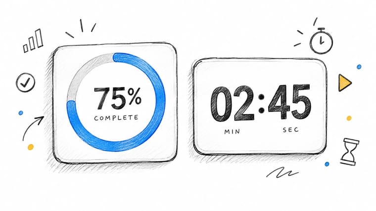 A hand-drawn style digital widget showing a seventy-five percent completion circle and a timer set to two minutes forty-five seconds.