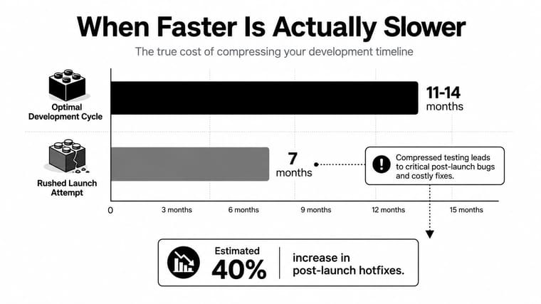A chart illustrating how a compressed product development timeline leads to more post-launch bugs and fixes.