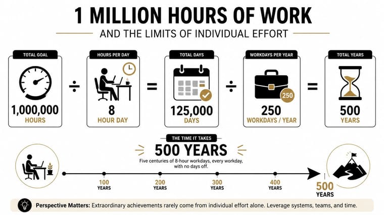 An infographic illustrating that one million hours of work requires 500 years of individual effort.