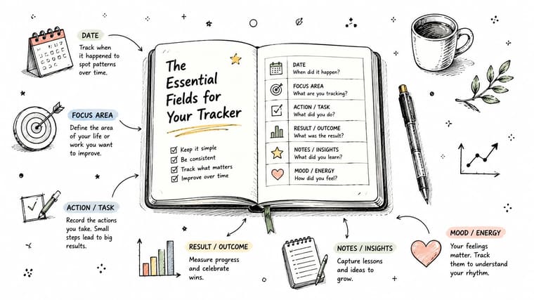 An illustrated guide to tracking personal progress showing essential fields like date, focus area, actions, and results.