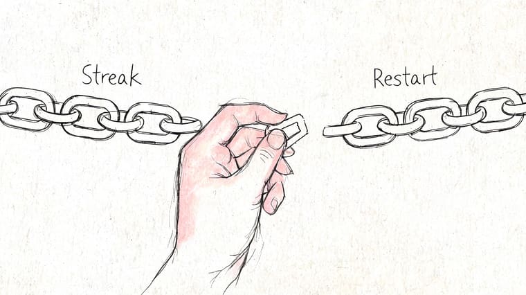 A hand holding a broken metal chain link between the words Streak and Restart, illustrating habit building.