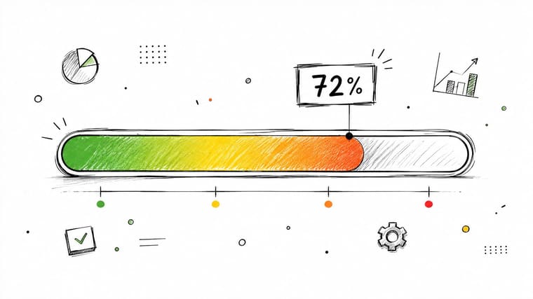 A hand-drawn sketch of a progress bar at 72 percent completion with various business icons around it.