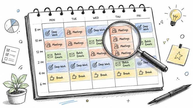 A hand-drawn calendar plan featuring daily work blocks for deep work, meetings, emails, and scheduled breaks.