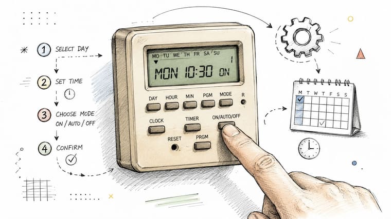 A hand presses the button on a 7-day programmable digital timer with step-by-step instructions illustrated nearby.