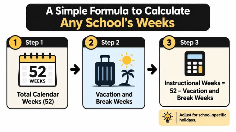 A simple three-step infographic showing how to calculate the number of instructional school weeks.