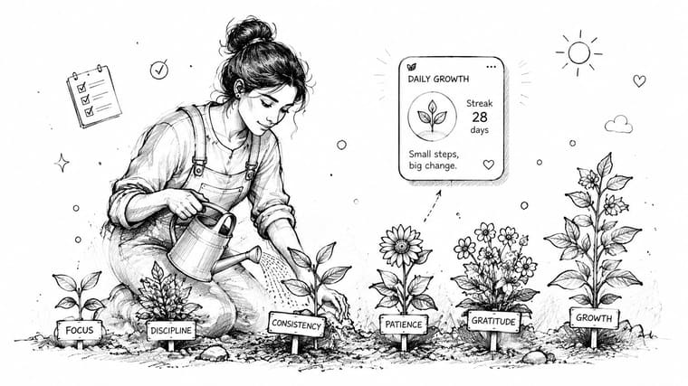 A woman tending to a garden of plants labeled with habits like consistency, patience, and growth.