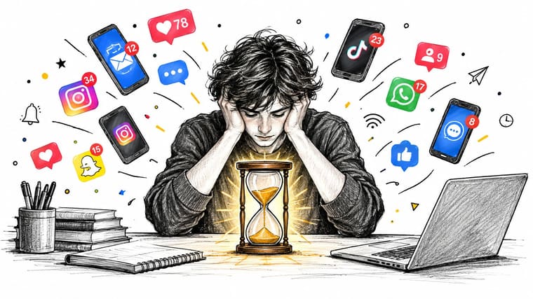 A person feeling stressed while studying with an hourglass, surrounded by floating social media notifications and devices.