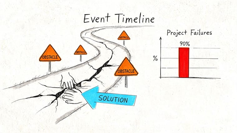 A hand-drawn illustration showing a project timeline with obstacles, a solution arrow, and a project failure chart.