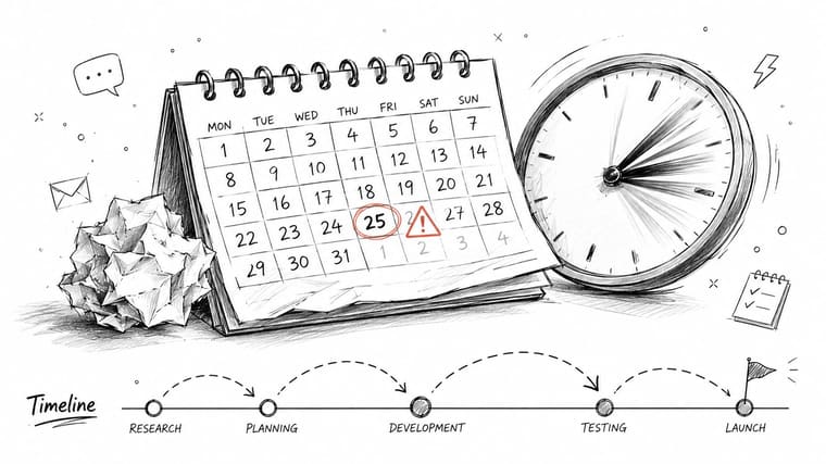 A conceptual hand-drawn illustration showing a calendar with a marked deadline date next to a clock.