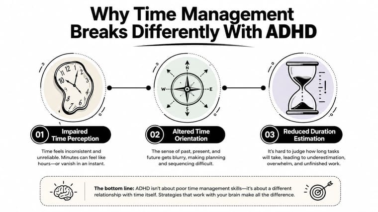 An infographic titled Why Time Management Breaks Differently With ADHD illustrating three main challenges.