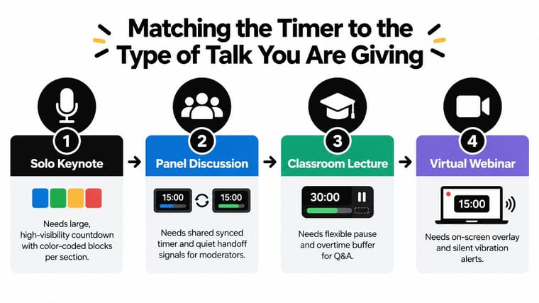 A four-step guide on choosing the best presentation timer features for various public speaking formats.