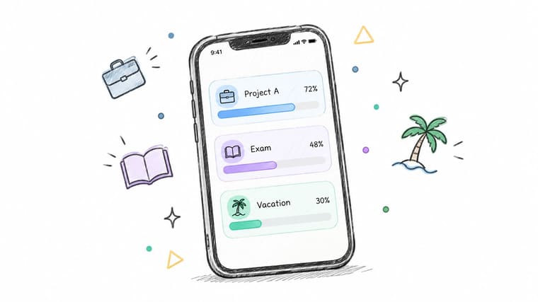A hand-drawn illustration of a smartphone screen showing task progress widgets for projects, exams, and vacation.