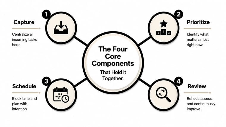 A diagram illustrating the four core components of workload management: capture, prioritize, schedule, and review.