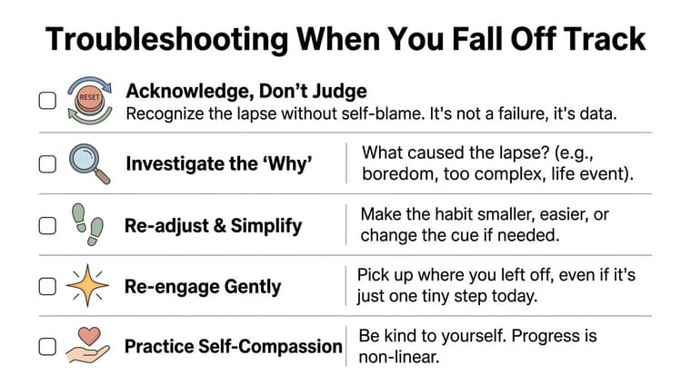A graphic guide titled Troubleshooting When You Fall Off Track with five tips for habit consistency.